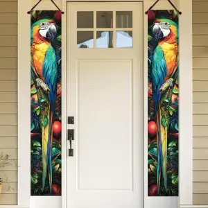 2pcs Summer Door Banner Hawaiian Tropical Parrot Porch Sign Banner Tropical Floral Colorful Parrot Wall Hanging Banners for Outdoor Spring Summer Party Decorations Banners Yard Sign Banner