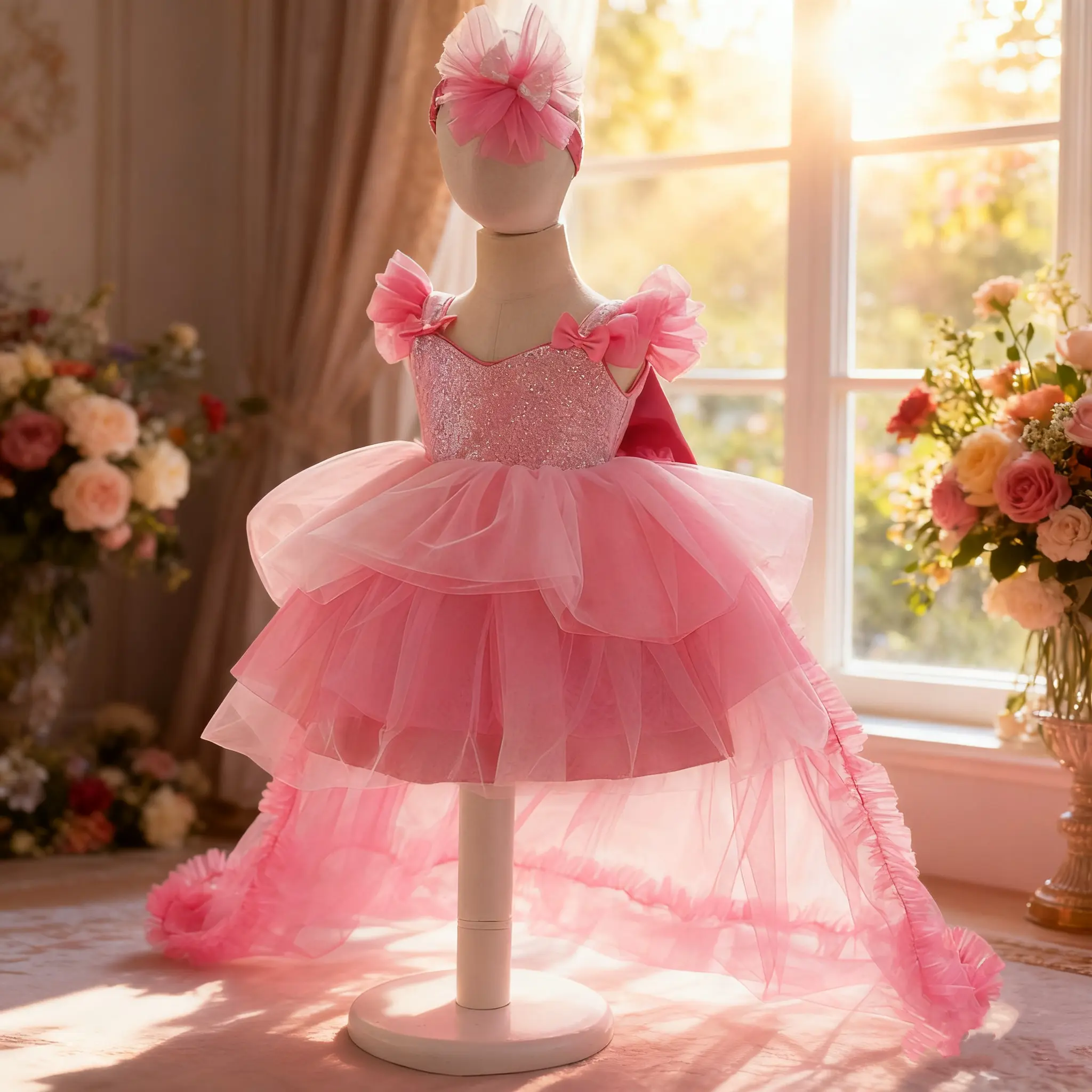 2282 New High Quality Baby Princess Dress For Girl Elegant Birthday Party Trailing Clothes Baby Girl Long Back Christening Dress