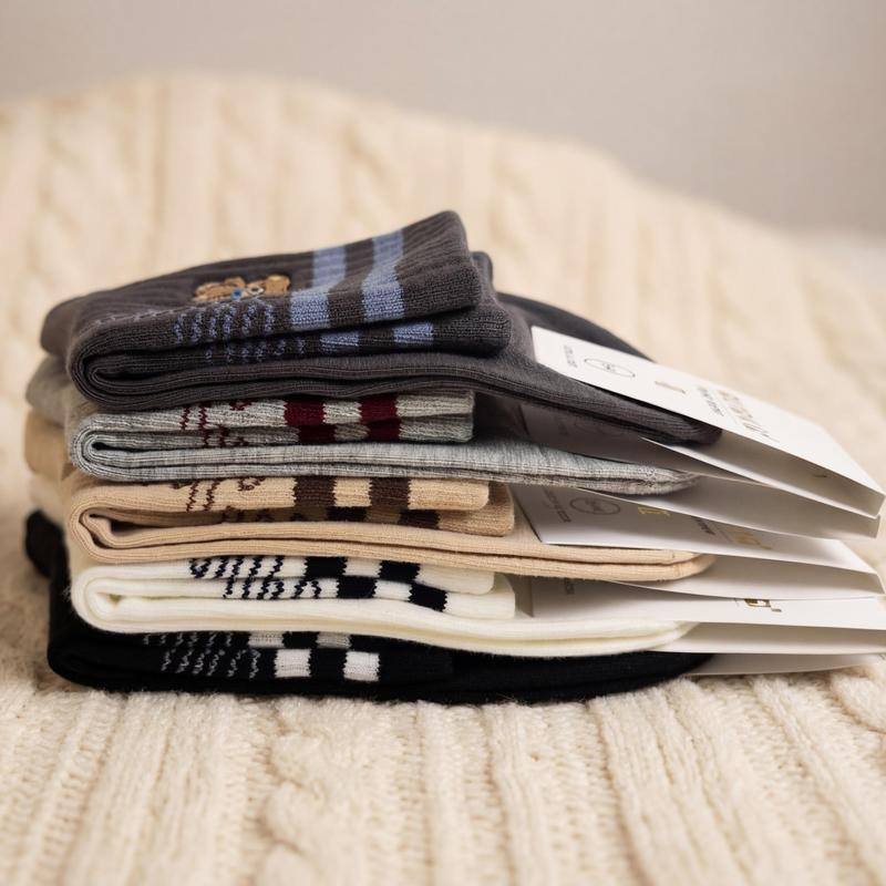 Auravia Women's Cute Teddy Bear Cotton Quarter Ankle Socks 5 Pairs Striped Patterns Breathable Sweat-Wicking Preppy Style Everyday Wear Soft Comfortable Stylish Casual Womenswear