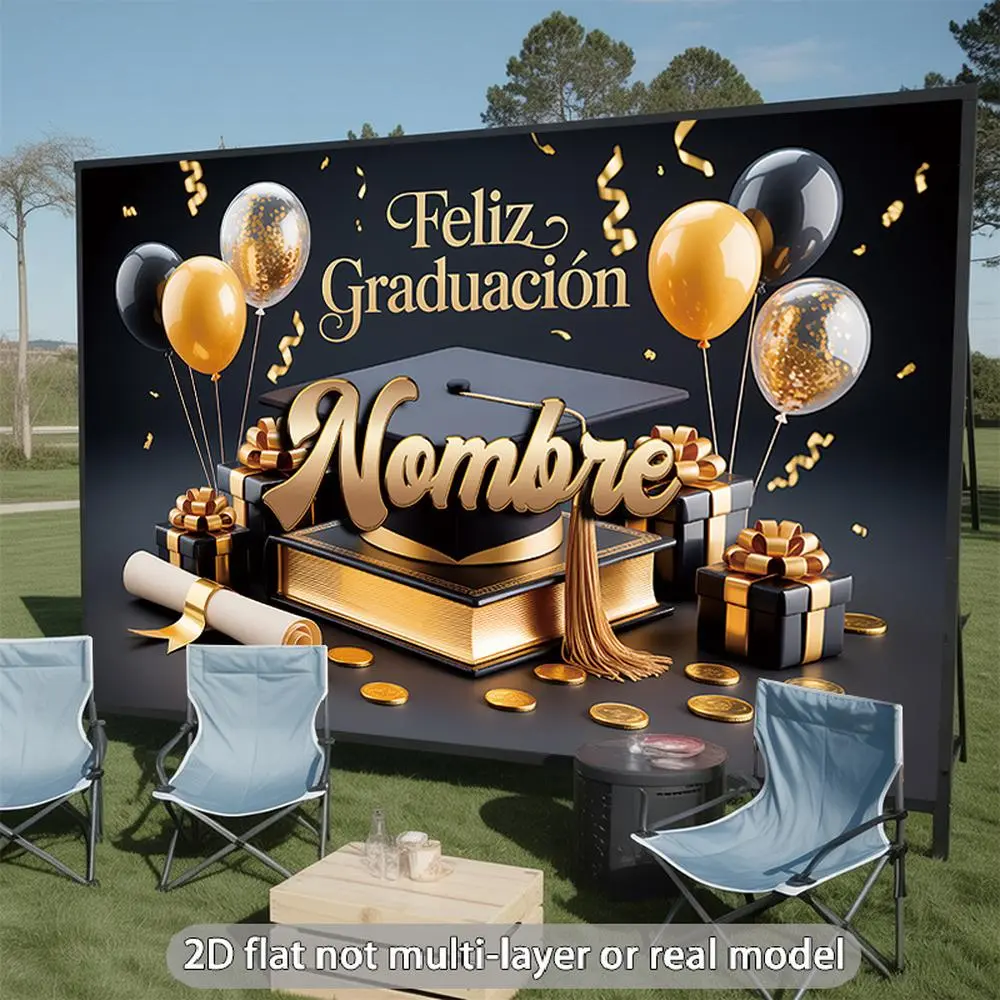 2D Flat Banner Polyester Photo Backdrop, HD Print Black and Gold Graduation Theme Background Cloth, Soft Lightweight Foldable Unisex Backdrop for Graduation Party, Indoors Studio Shooting Decor, Event Decor