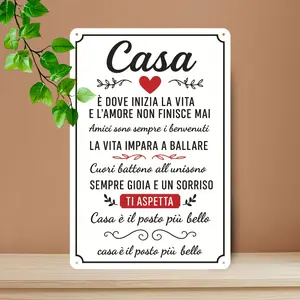 2D Flat, 1pc 8*12in Aluminum "Casa" Italian Home Metal Sign. Heart Accent Design, Pre-drilled Holes, Suitable for Entryway, Bedroom, Living Room. Durable Weather-Resistant Decor, Sentimental Gift for Italian-Speaking Families