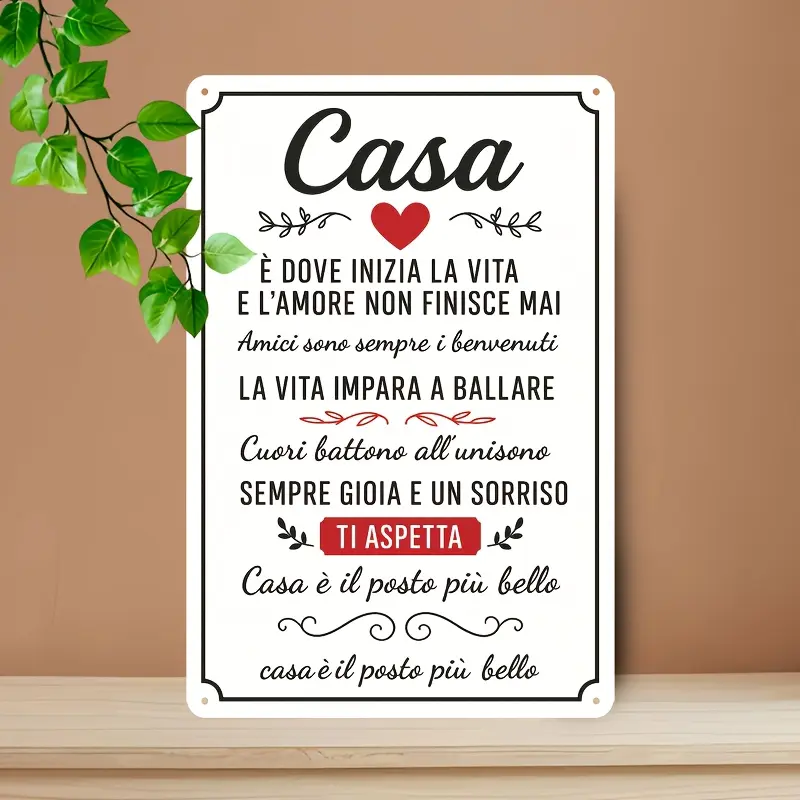 1pc 8×12in Aluminium "Casa" Italian Home 2D Flat Metal Sign - Heart Accent, Pre-Drilled Holes, Weather Resistant Home Supplies, Entryway Decor, Sentimental Gift for Italian-Speaking Families