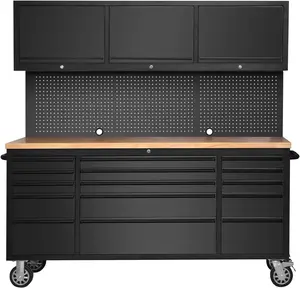 Tech 72-Inch Rolling Tool Cabinet with 15 Drawers, 3 Top Cabinets & Pegboard – Mobile Garage Tool Organizer with Anti-Slip Liner for Warehouse and Repair Shop