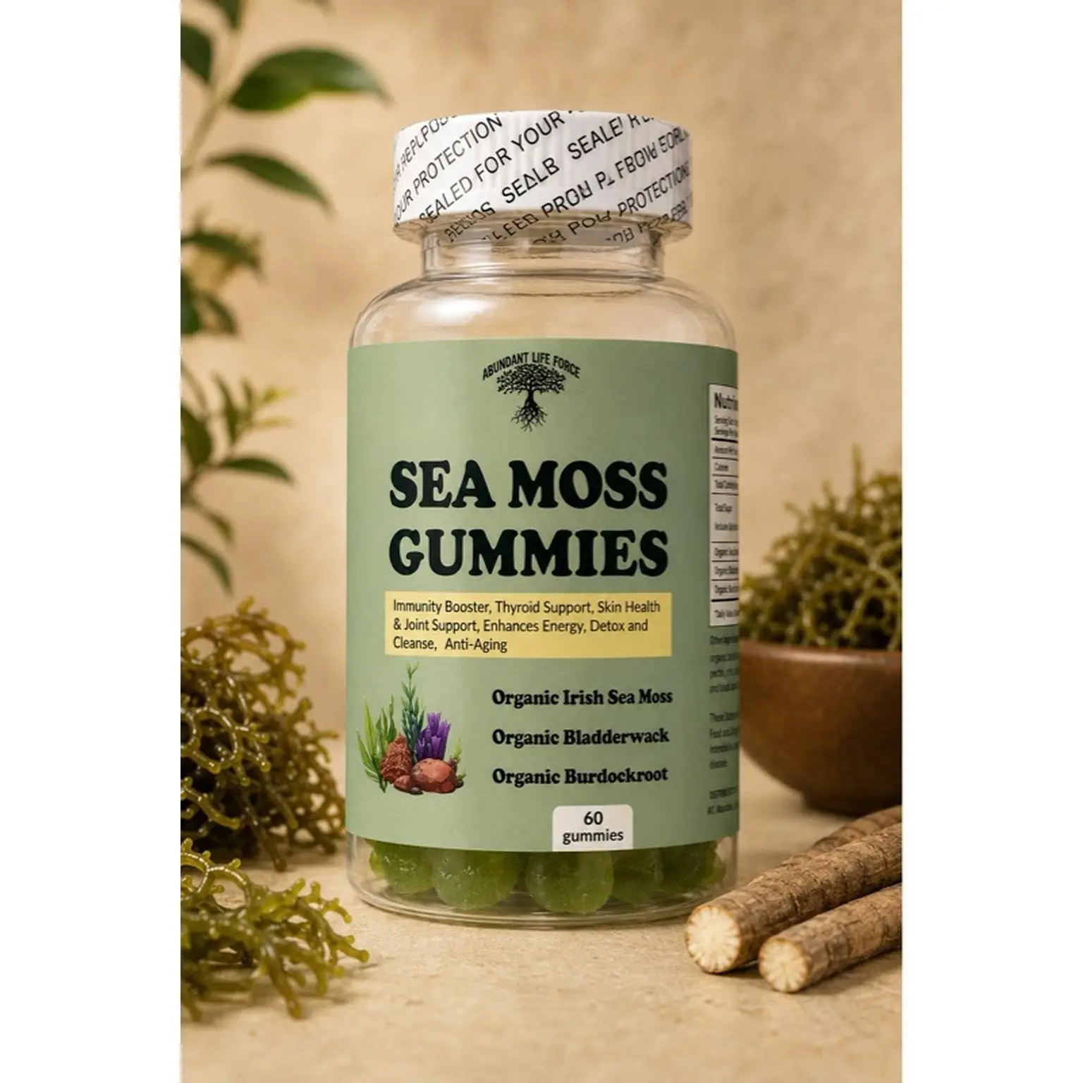 Abundant Life Force Sea Moss Gummies - 60 Count - Organic Irish Sea Moss, Bladderwrack, Burdockroot - Immunity Booster, Thyroid Support, Skin Health