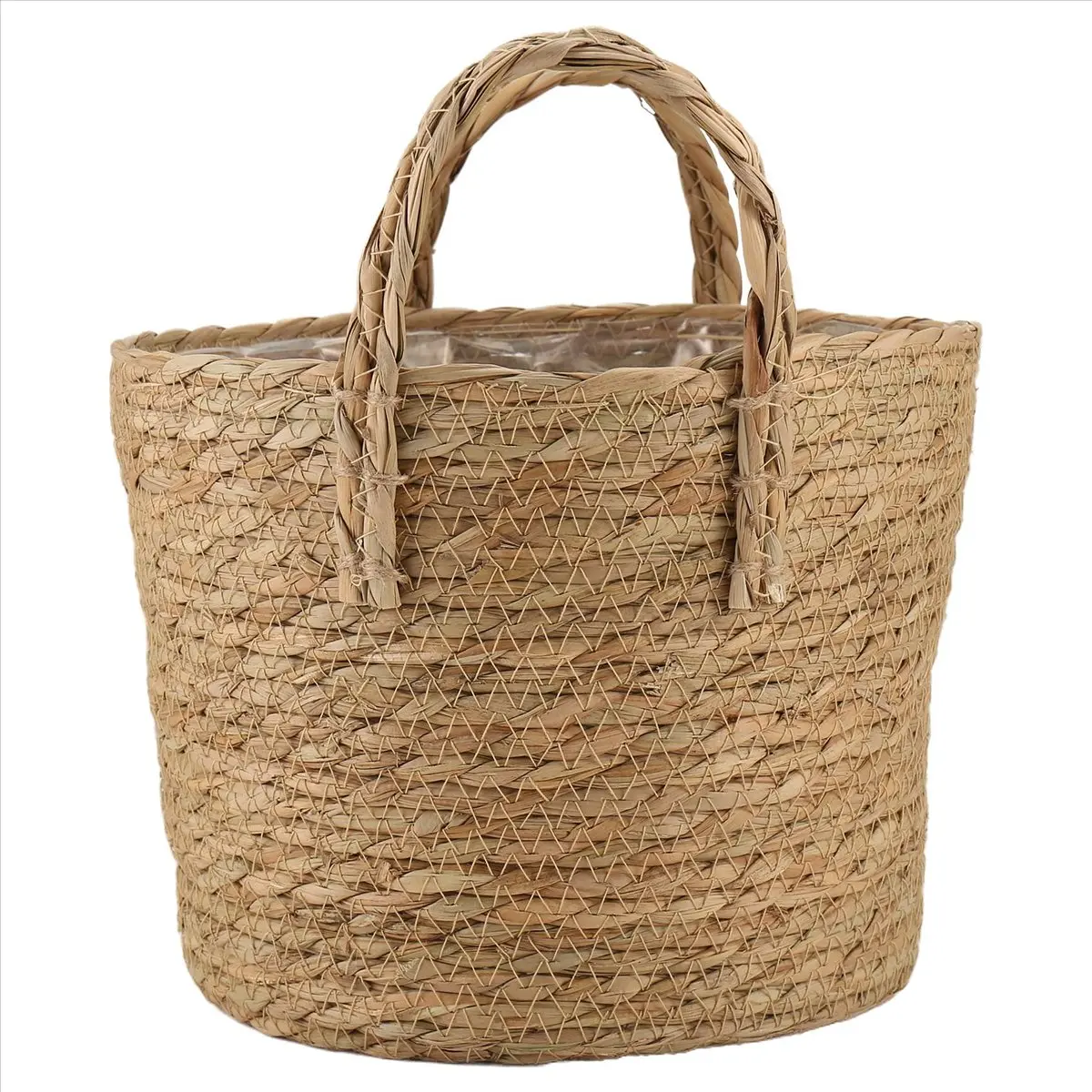 Hand Woven Natural Seagrass Round Plant Basket Bin - 25x25x20cm Wicker Tool Organizer with Plastic Liner, Round Flower Pot Weaving Basket for Flowers & Hardware Storage, Long-Lasting Holder