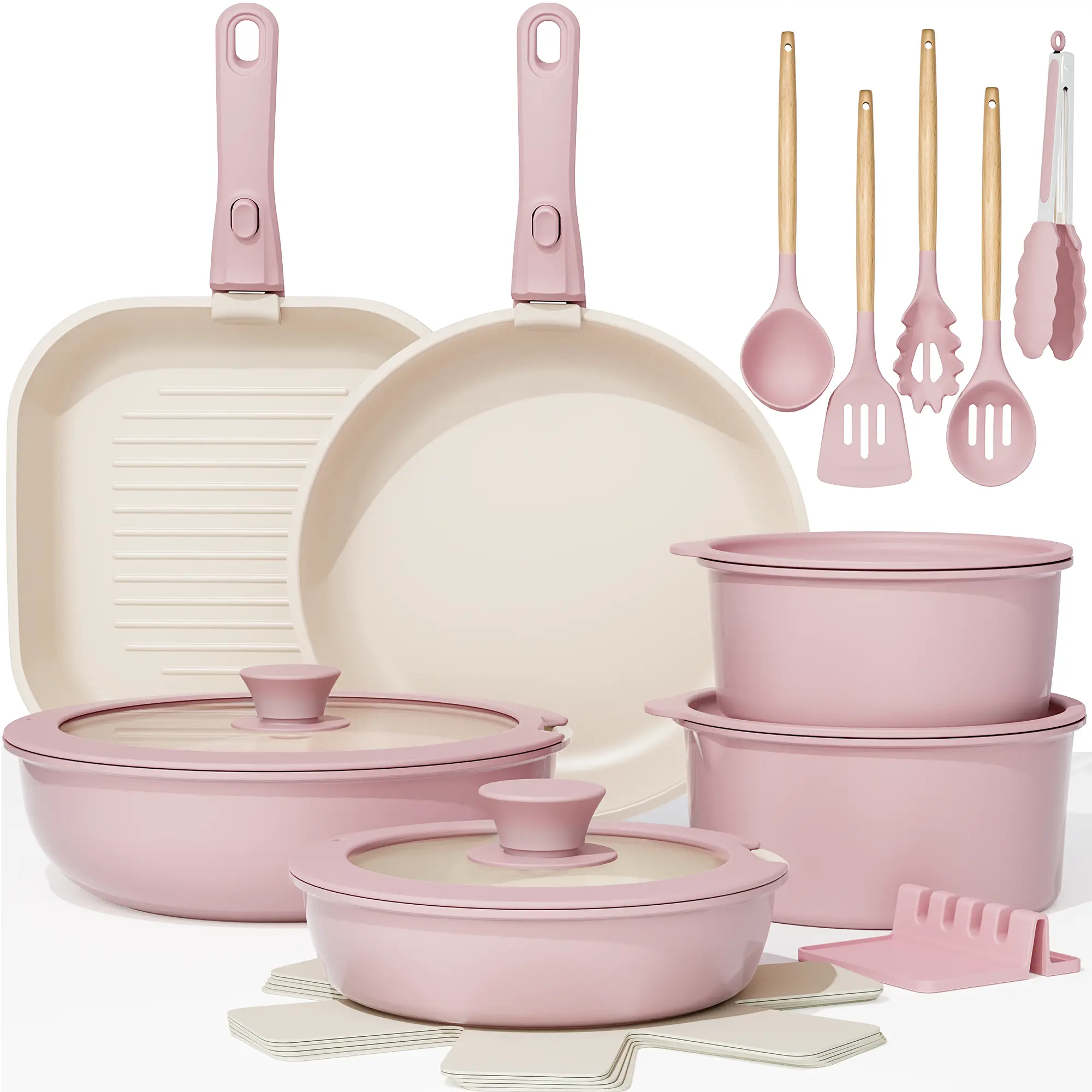 Astercook Official 23pcs Aluminum Alloy Detachable Handle Nonstick Ceramic Coated Cookware Set - Saucepans, Steamer, Silicone Shovel, Silicone Spoon, PFOA-Free Nontoxic Easyclean Bundle Pots and Pan Set for RV Kitchen, Nontoxic Cookware Sets
