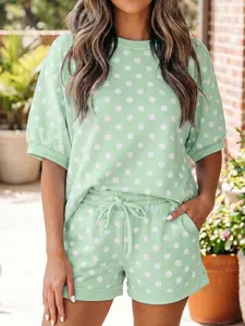 Women’s Polka Dot Oversized Top and Drawstring Shorts Set, Casual Two-Piece Lounge Outfit with Decorative Rolled Cuffs and Functional Pockets, Stretchy Soft-Touch Fabric, Stylish Matching Set for Summer Lounging, Home Wear, and Weekend Errands Adjustable