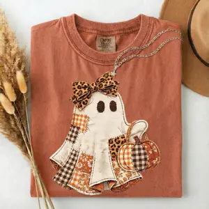 Comfort Colors Faux Patchwork Ghost Shirt, Coquette Halloween Ghost Tee, Cute Fall Pumpkin Ghost Tshirt, Spooky Season Shirt