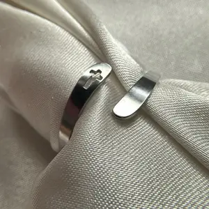 Minimal Silver Open Cross Cutout Surgical Stainless Steel Adjustable Faith Ring