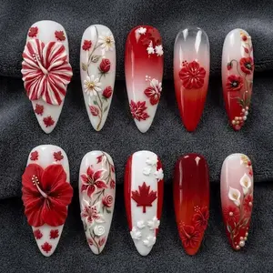 Soccer Press On Nails 3D Maple Leaf Floral Canada Red White Reusable Game Day Football