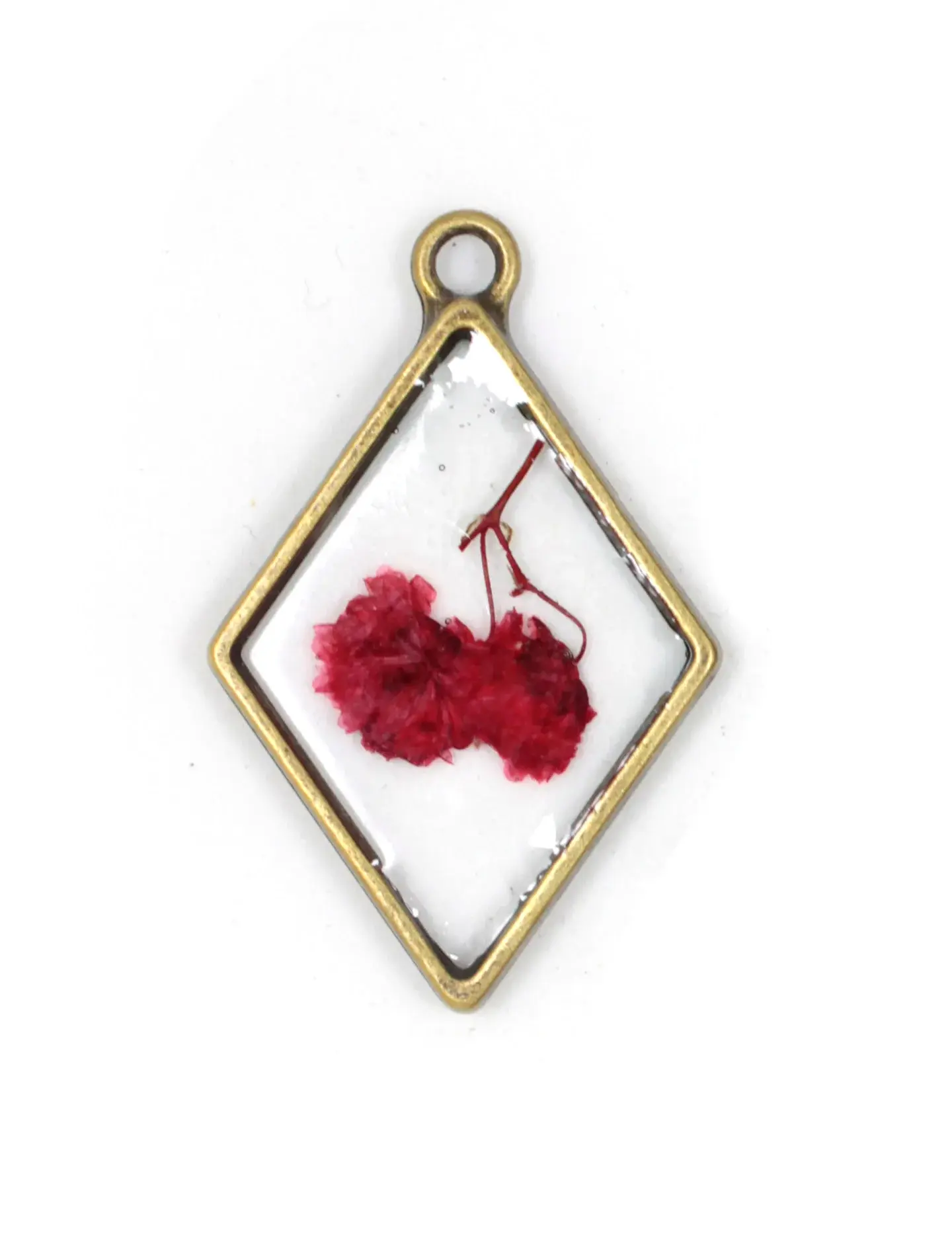 Handmade Red Carnation Pendant | Diamond-Shaped EcoResin Necklace | Real Flower Jewelry with Antique Bronze Chain