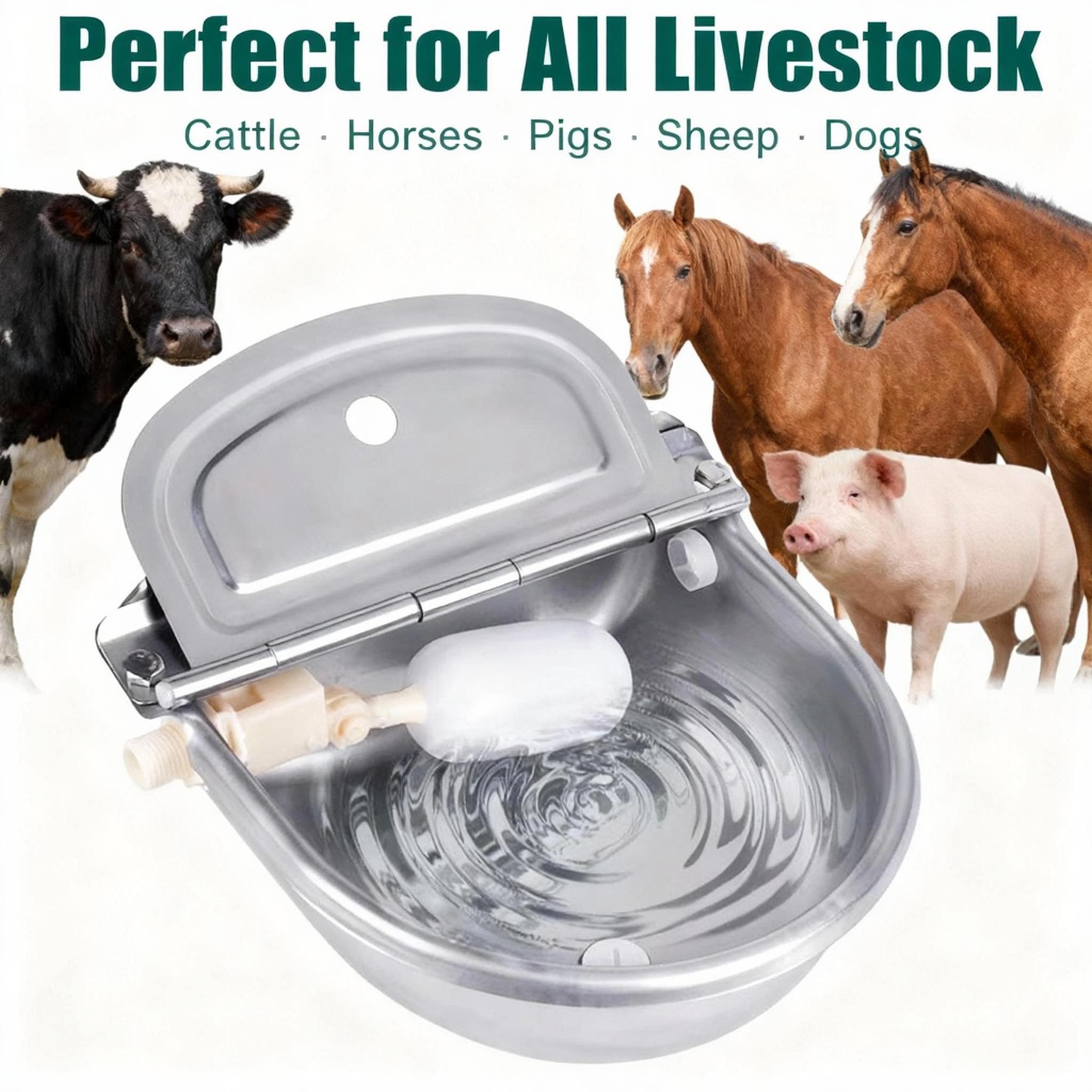 Stainless Steel Automatic Animal Water Bowl Dog Cat Poultry Water Dispenser with Drain Hole Float Valve Auto Water Level Control Hose Not Included