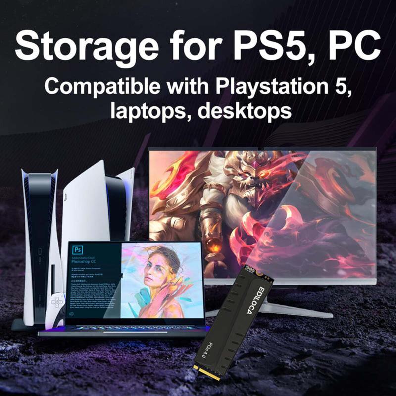 Ediloca EN760 SSD with Heatsink 1TB PCIe Gen4, NVMe M.2 2280, 3D NAND TLC, Up to 5000MB/s, Internal Solid State Drive, Dynamic SLC Cache, Compatible with PS5 and PC