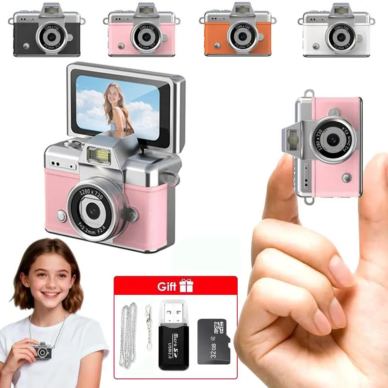 Mini Keychain Digital Camera – Pocket-Size Camera 1080P HD with 1MP Lens, Flash & 0.96" Screen, 32G Card & Charging Cable Included, Retro Vlog Camera for Travel, Concerts, Kids & Instant Party, Sparkling Rose Gold