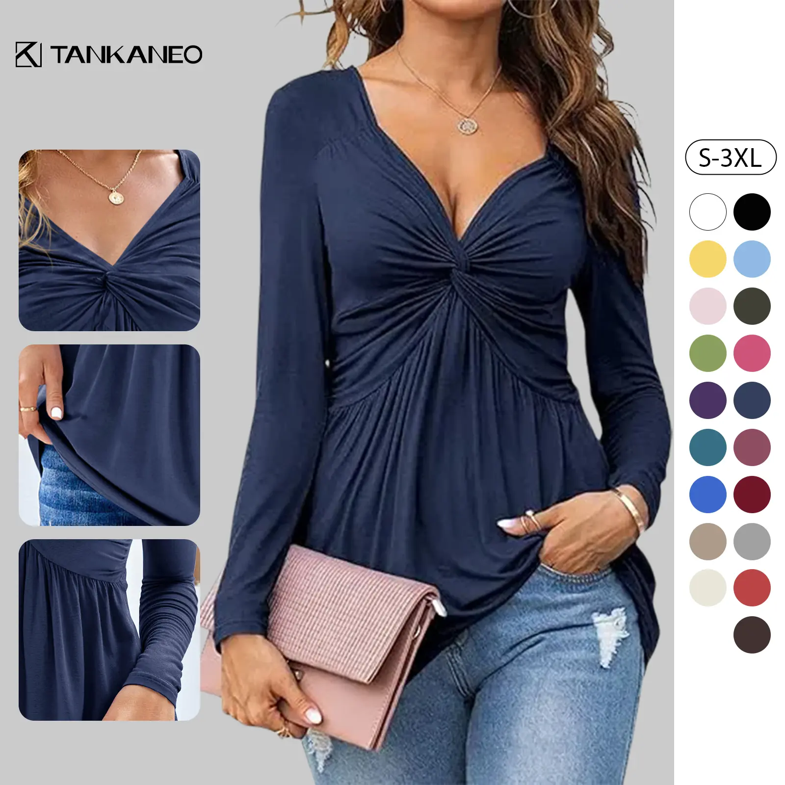 TANKANEO Women's Elegant V-Neck Blouse, Sexy Casual Long Sleeve Pullover Tunic Top with a Front Knot