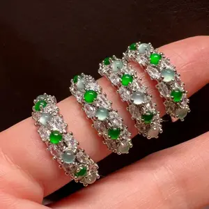 Natural Grade A Jadeite High-Transparency Double Row Diamond Mixed Fashion Ring with Adjustable Band