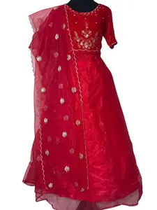 Red Embroidered Anarkali Dress - Elegant Traditional Attire with Golden Details for Special Occasions