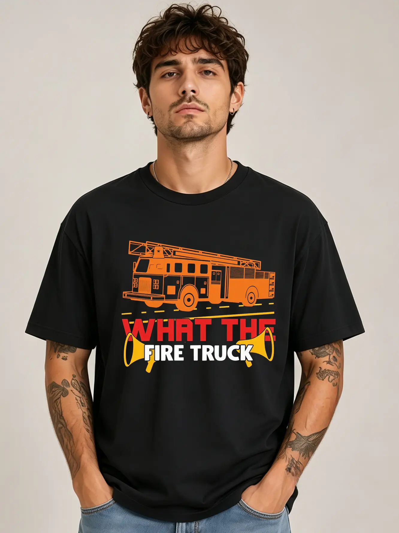 [Graphic T-Shirt] firefighter shirt - What The Fire Truck Funny Firefighter Graphic Tee, Fire Rescue Inspired Design, Humorous First Responder Apparel for Men,cotton tee,printed shirts for men