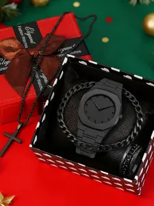 4-piece men's Christmas gift for boyfriend, casual and versatile quartz watch necklace, bracelet, ring, Men Jewelry