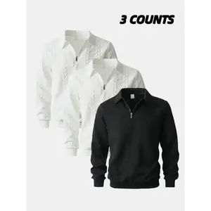 3-Pack Men's Half-Zip Pullover Sweaters, Cable Knit Collared Knitwear Tops, Stylish Comfortable Casual Sweatshirts for Men's Spring/Fall Daily Wear & Fashion Styles