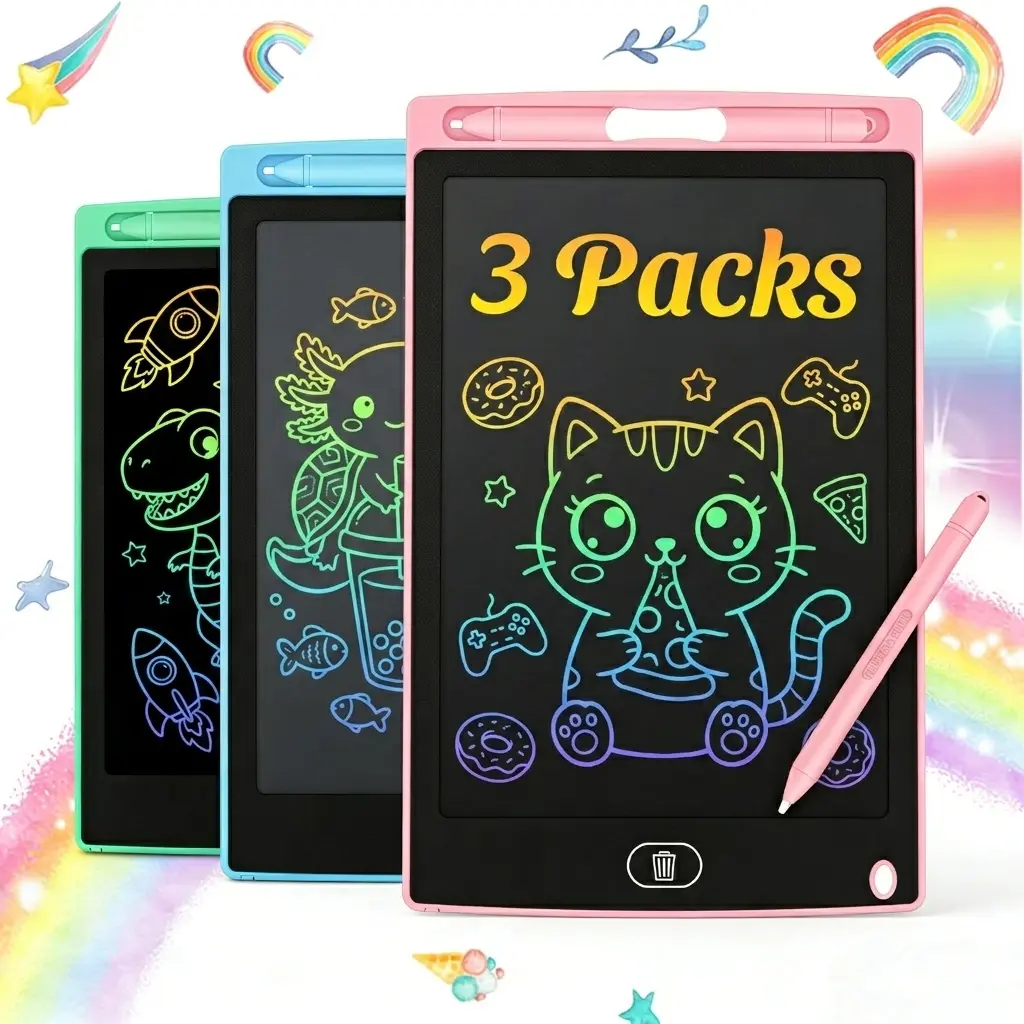 3 Pack Kids LCD Writing Tablets - Bright Rainbow Lines Durable Doodle Boards for Toddlers 3-8, Mess-Free Doodling Reusable Pads with Lock & Erase, Travel Toys Birthday Gifts for Boys & Girls