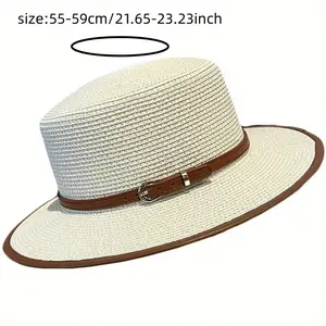 [Stylish Straw Sun Hat] Natural Straw Women's Stylish British-Inspired Flat Top Sun Hat - Wide Brim, UV Protection, Decorative Brown Belt for Summer Beach Outings