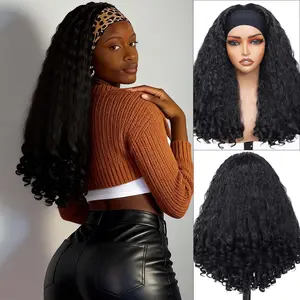 Afro Kinky Curly Headband Wig for Women, 22 inch Synthetic Fluffy Wig, Wear and Go Wigs with Bouncy Curls, Natural Black.