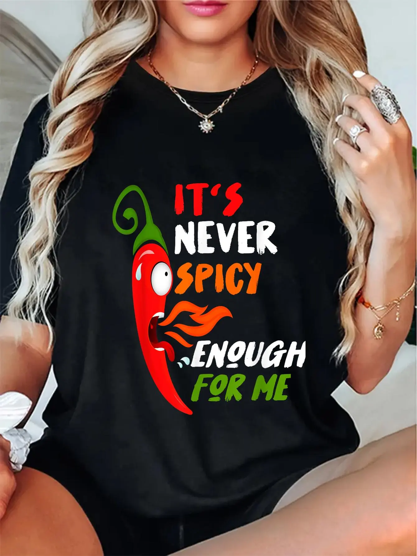 Women's Chili Pepper Graphic Print Tee, Casual Relaxed Fit Breathable Top in 100% Cotton, Gift for Spicy Food Lovers, Shortsleeve, Fabric, Vibe, Cute, T-Shirt, Everyday, Comfy, Digital Print, Style, Round Neck, All Seasons, Check, Soft, Chili Print