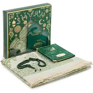 Ihvan Online Prayer Gift Set for Men & Women, Muslim Taffeta Prayer Rug, Salah Mat, Beads Rosary, Velvet Covered Yaseen Islamic Gift Set for Ramadan & Eid, Green ihvan