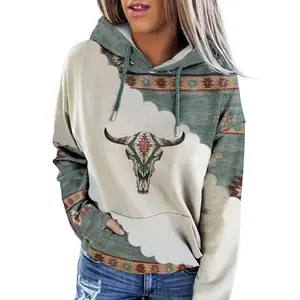 Fashionable Aztec tribal hooded sweatshirt with Bohemian bull bone print oversized pattern sportswear Y2K streetwear aesthetic essential casual Bohemian HalloweenRAIMENTRY