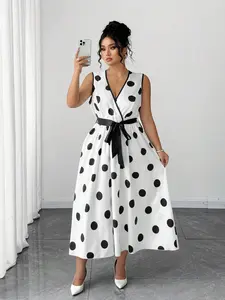 Plus Size Women's Polka Dot V-Neck Maxi Dress - Sleeveless Waist-Cinching A-Line Summer Gown, Elegant Black & White Curvy Fashion (1XL-5XL)