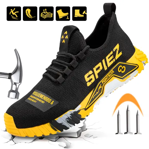 SPIEZ Men's Closed Safety Square Toe Work & Safety Footwear - Slip-On Steel-Toe Shield Shoes, Breathable, Lightweight, Anti-Skid, Puncture-Resistant, Time-Saving Fast On/Off, Fashion Black/Yellow for Workers