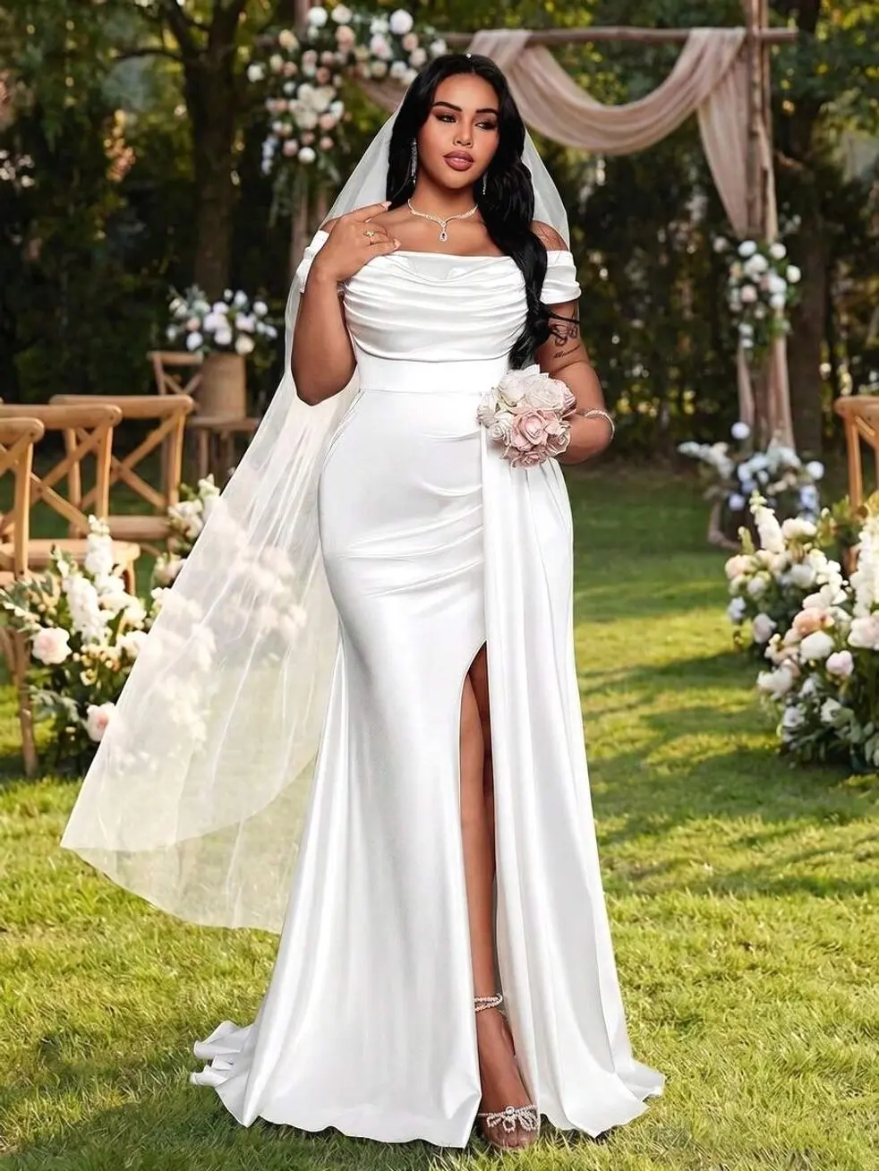 🤍 Plus Size Mermaid Wedding Dress, Elegant Off Shoulder Bridal Gown For Weddings, Ceremonies And Formal Events.