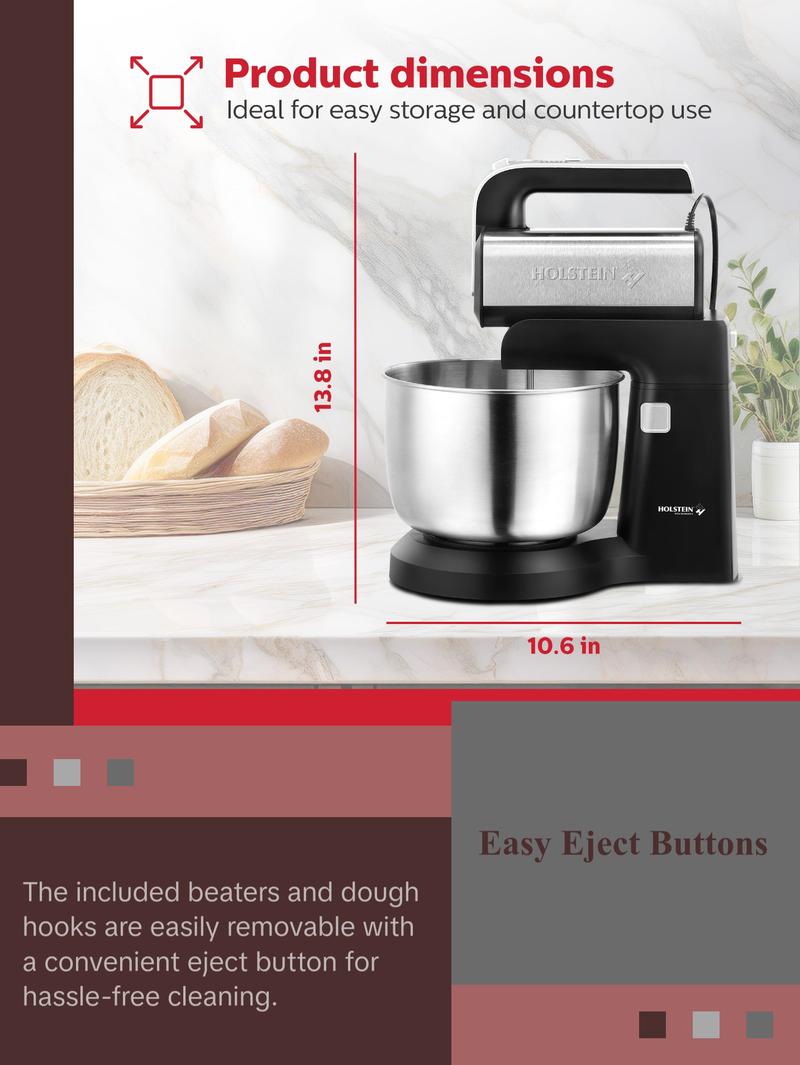 Holstein Housewares 5-Speed Hand and Stand Mixer with LED Light & 2.9QT Stainless Steel Bowl for Versatile Kitchen Use