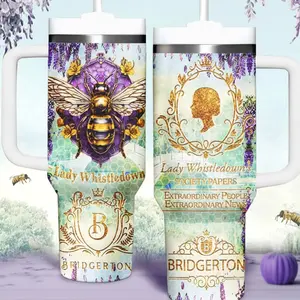 Bridgerton Lady Whistledown Tumbler 40oz, Bee & Lavender Floral Design, Vintage Regency Queen Tumbler, Regency Era Aesthetic Cup, Gift for Bridgerton Fans