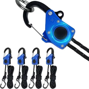 1/4" x 15' Rope Tie Down Ratchet with Easy Button Release and Carabiner Clip, Heavy Duty Rope Tightener Gear for Cargo, Tents, Camping (Blue 4Pack