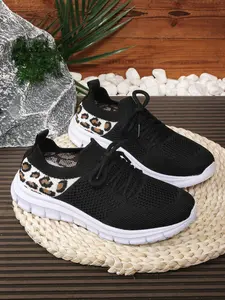 Girls' Knitted Lace-Up Flat Sneakers, Breathable One-Step Casual Shoes, Sporty Footwear for Spring & Fall Seasons