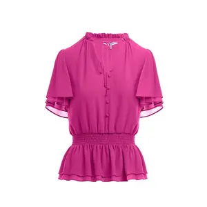 Gathered waist blouse with flared sleeves.