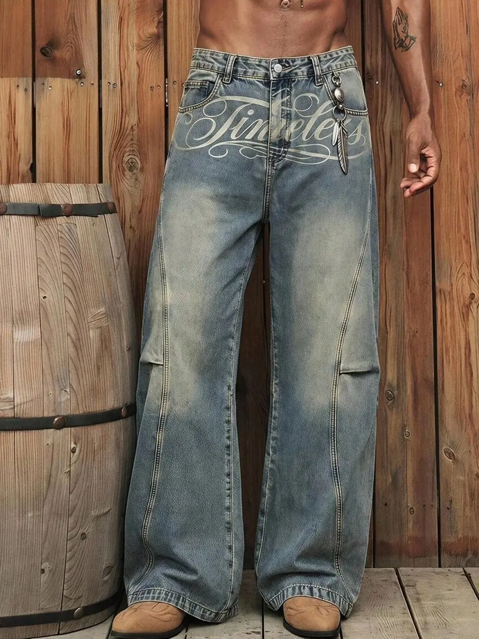 Retro Patchwork Denim Jeans, Multi-Pocket Contrast Washed Trousers for Casual Streetwear