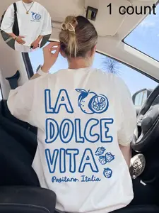 La Dolce Vita Positano Italia Print Lightweight T-Shirt, Oversized Short Sleeve Round Neck Casual Top, Summer & Spring Women's Plus Size Clothing