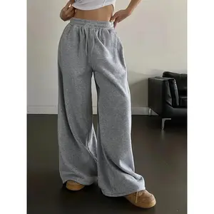 [Cozy Sweatpants] Cozy Fleece-Lined Women's Sweatpants - Solid Gray, Wide Leg, Casual Fall/Winter Pants, Machine Washable