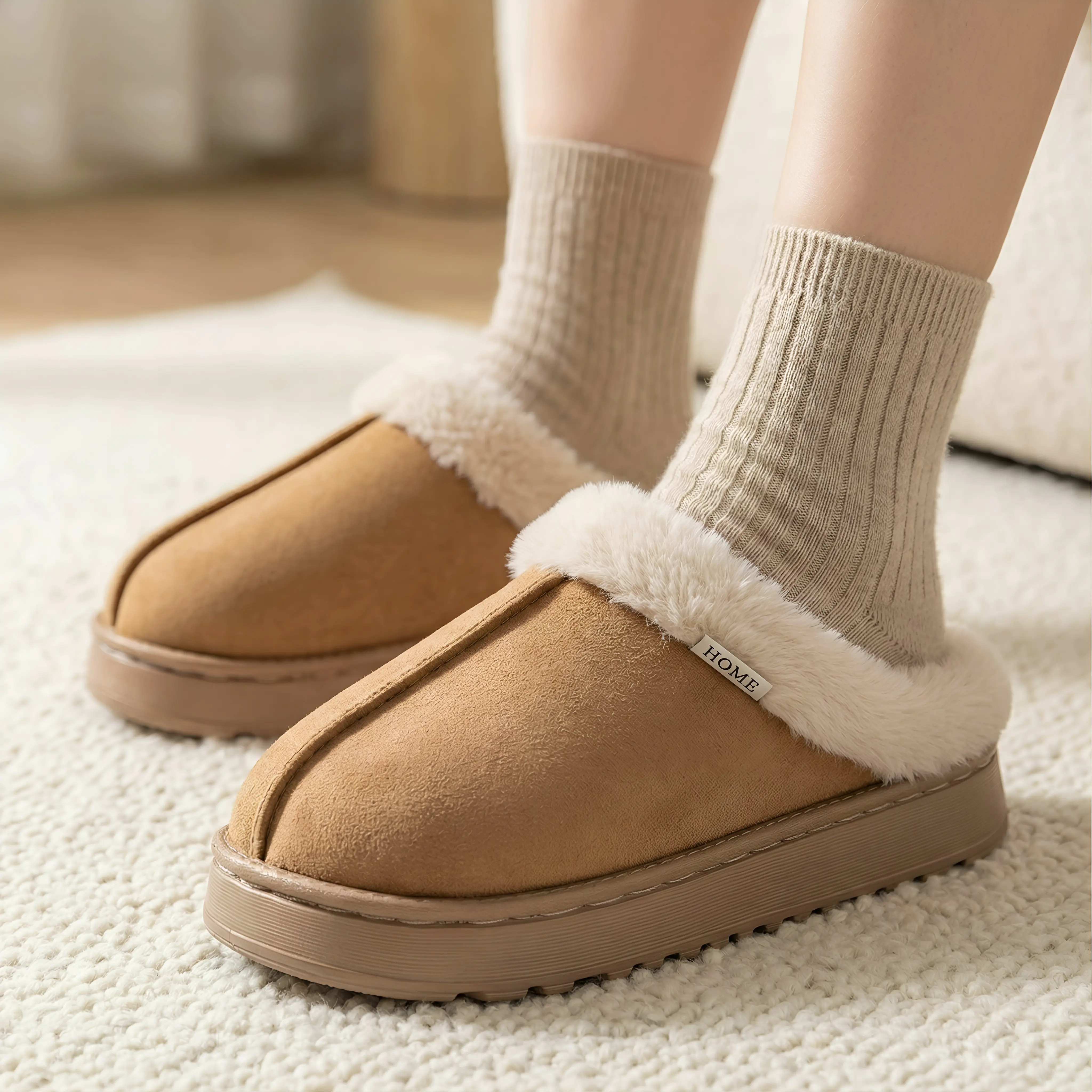 DealsForYouDays Women's Bootie Fluffy Khaki Slippers Warm Cozy Slipper Boots