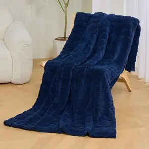 Extra Large Soft Fleece Throw Blanket 300GSM Cream Blue Fluffy & Warm Geometric Pattern Decorative Gift for Women