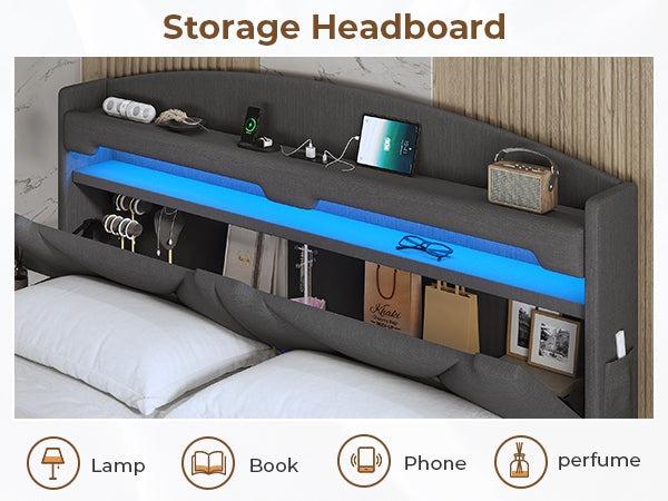 Sikaic LED Floating Bed Frame With Charging Station Hidden Storage Dark Grey