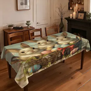 JIT+1pcs 2D flat printed tablecloth  Easter Themed Tablecloth Cute Rabbit & Egg Pattern Waterproof Table Cover for Dining Room Holiday Decor