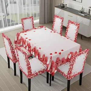 5/7-piece 2D Flat Printing Heart Rose Border Printing Pattern Tablecloth and Chair Cover Set, Dining Chair Slipcover, for dining table and chair decoration, perfect for home, holiday gatherings, restaurants, and parties.