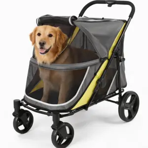 Heavy-Duty Aluminum Frame Dog Stroller for Large Dogs & Cats, All-Terrain 4-Wheel Wagon, Dual Entry, Easy Fold, 1-Ft Brake, Air Mesh Ventilation for Ventilated Ride, Height Adjustable, Storage Basket, Supports Up to 176 lbs