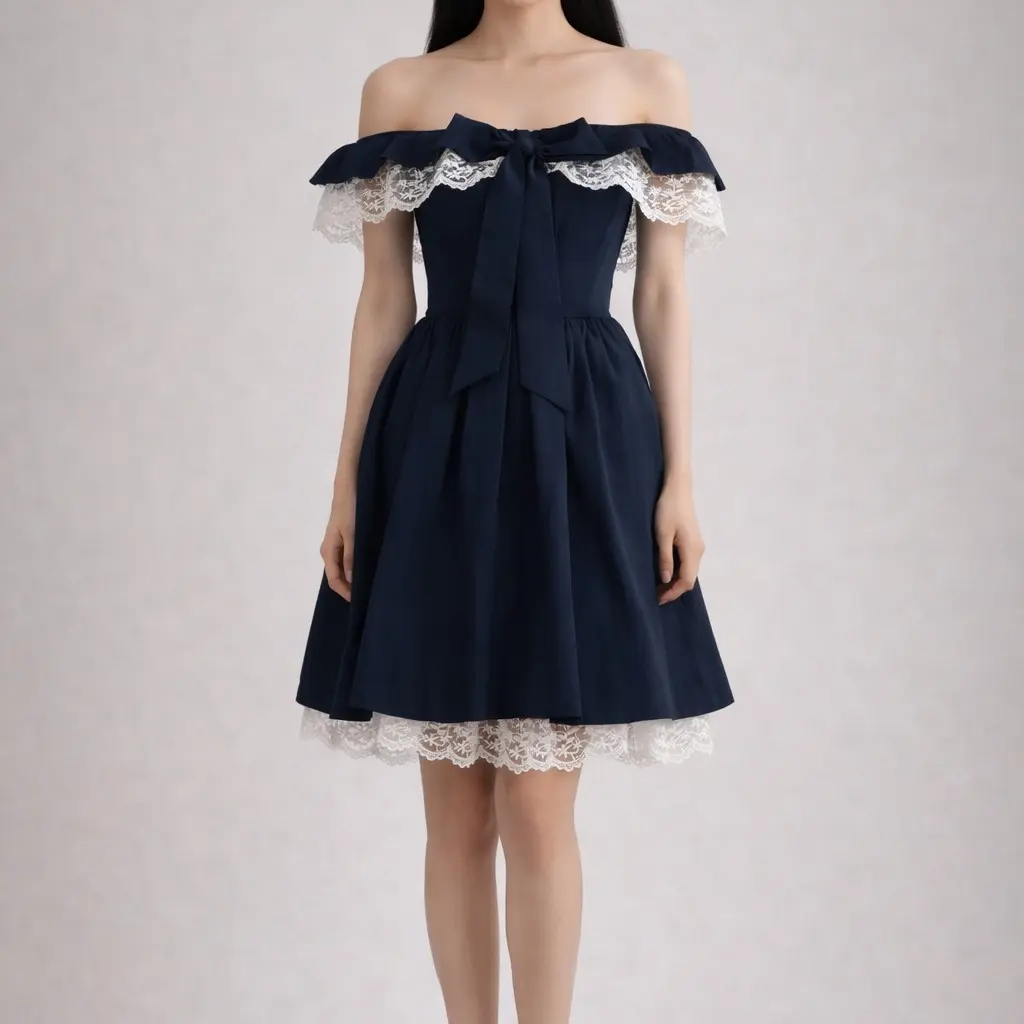 Swan Navy Lace Off-Shoulder Corset Dress