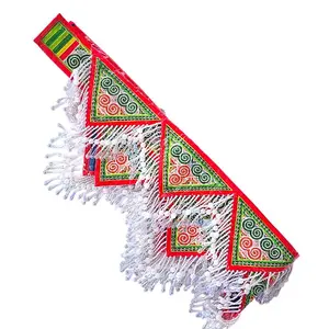 Hmong Traditional Waist Band Ntaub Qwj with Red Green Triangles and White Fringes