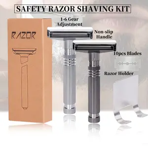 Luxury Men's 3-in-1 Shaving Set with Safety Razor 10 Blades & Stand Non-slip Handle 1-6 Gear Adjustment Perfect Gift for Dad & Boyfriend Premium Black Silver Design